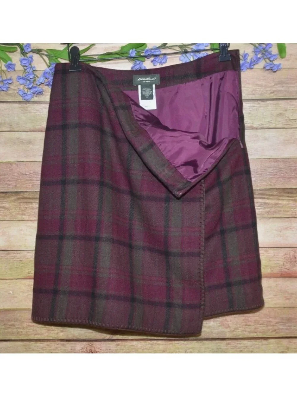 Eddie Bauer Skirt Womens 4 Wool Blend Plaid Wrap Burgundy Lined Preppy